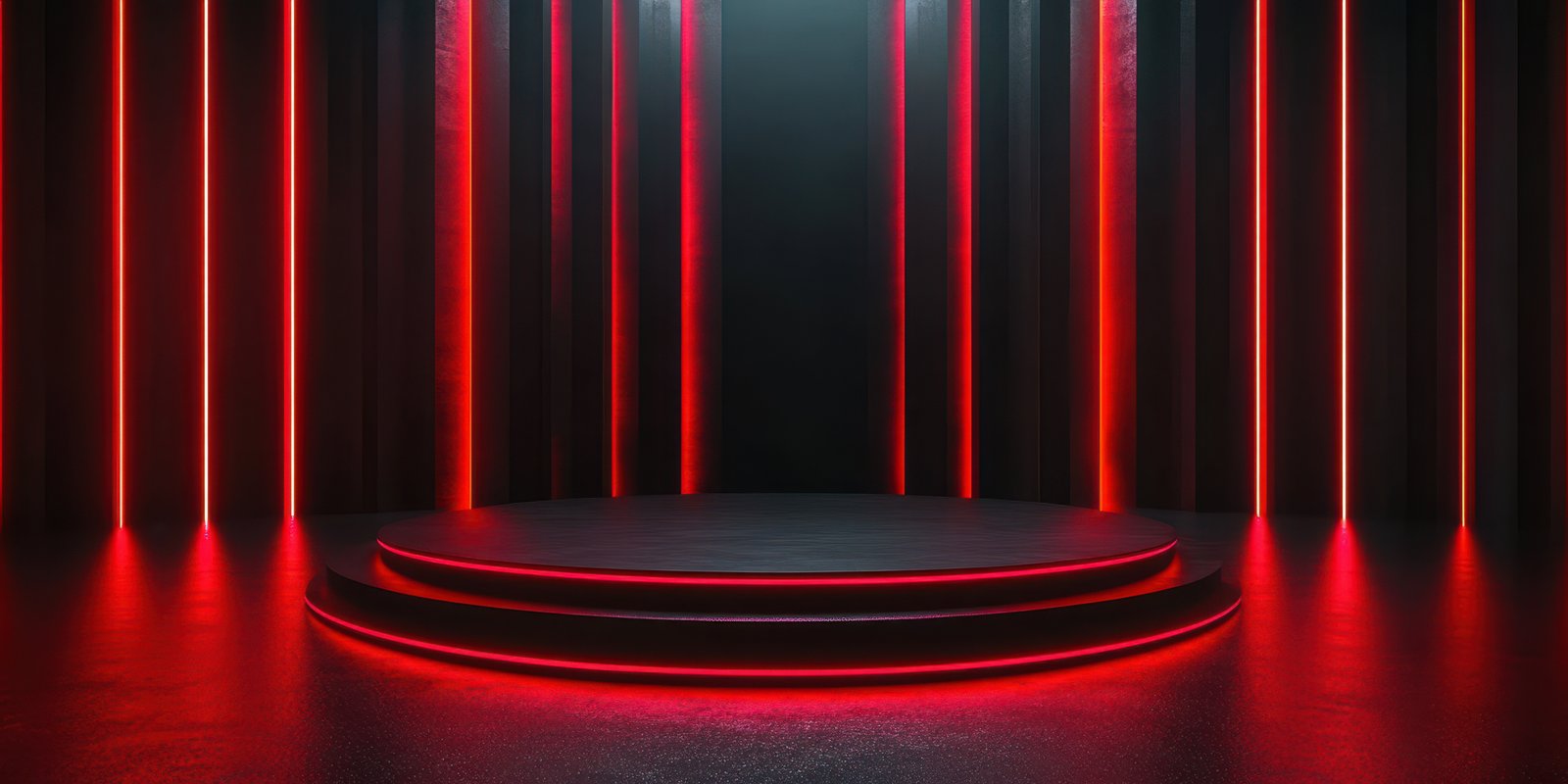 Stage with red lighting and dark backdrop in a performance space ideal for dramatic presentations